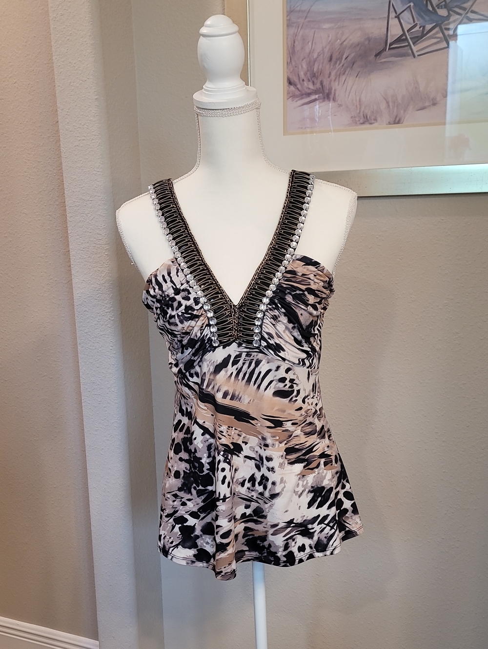 Boston Proper Beaded Animal-Print V-Neck Top in Beige and Black